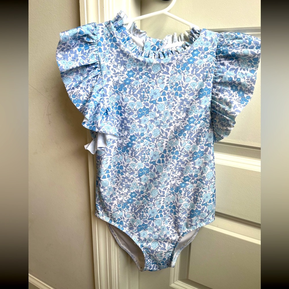 Girls' Blue Floral Ruffle One-Piece Swimsuit